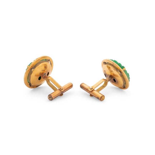 Chinese 14k Yellow Gold Apple Green Jadeite Cufflinks For Sale - Image 3 of 6