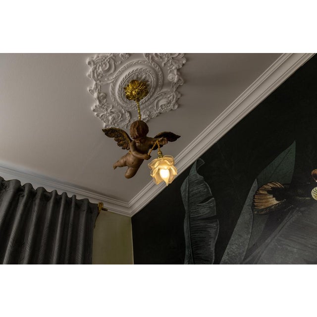 Gold French Art Nouveau Cherub Pendant Light in Carved Wood & Frosted Glass, 1920 For Sale - Image 8 of 18