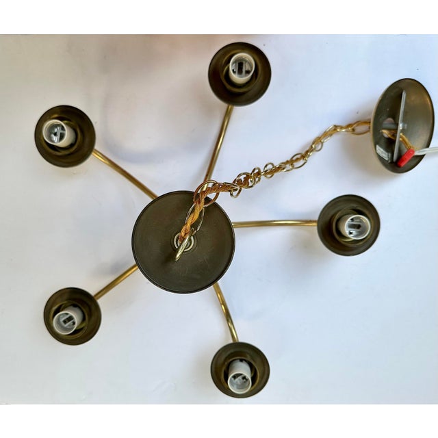 1960s Brass and Wood Midcentury Modern 5-Light Chandelier With Fluted Frosted-Glass Shades For Sale - Image 9 of 12