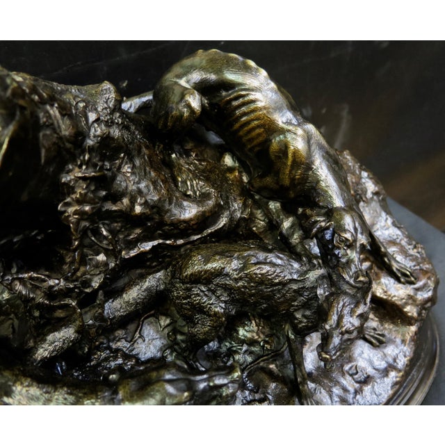 This vintage patinated bronze sculpture presents a detailed beautifully depiction of two hound dogs cornering a fox in...