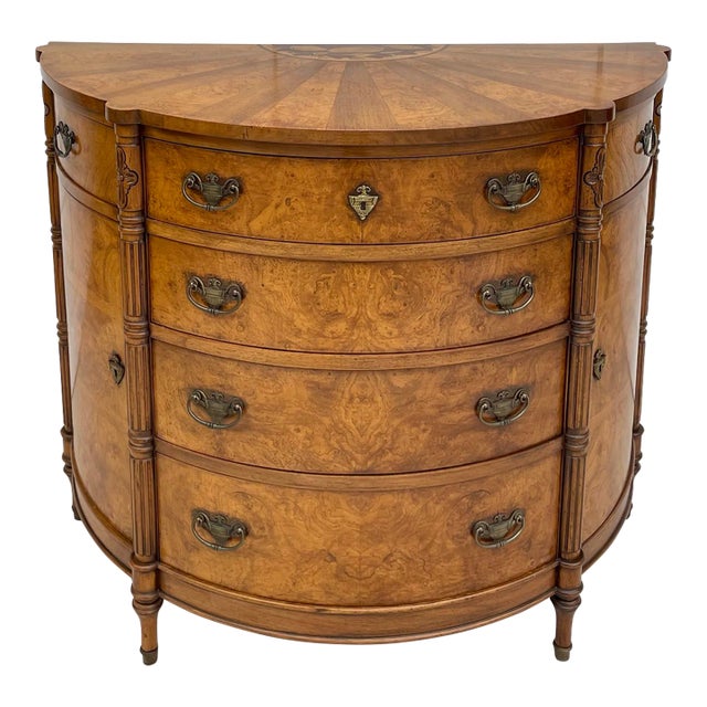 Traditional Burl Sunburst Inlay Wood Demi-Lune Chest of Drawers Commode For Sale