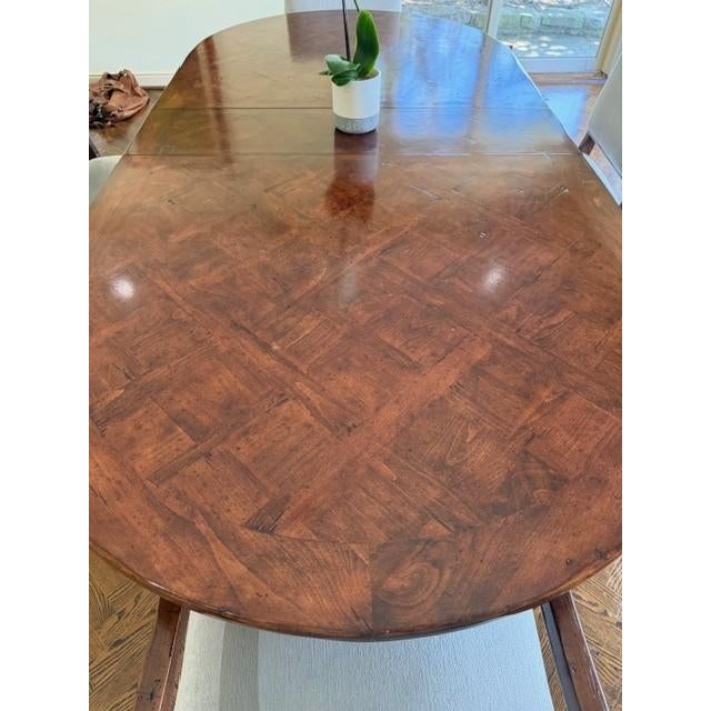 2000 - 2009 Beautiful Traditional Oak Parquet Dining Room Table and Chairs With 2 Exenstions For Sale - Image 5 of 17