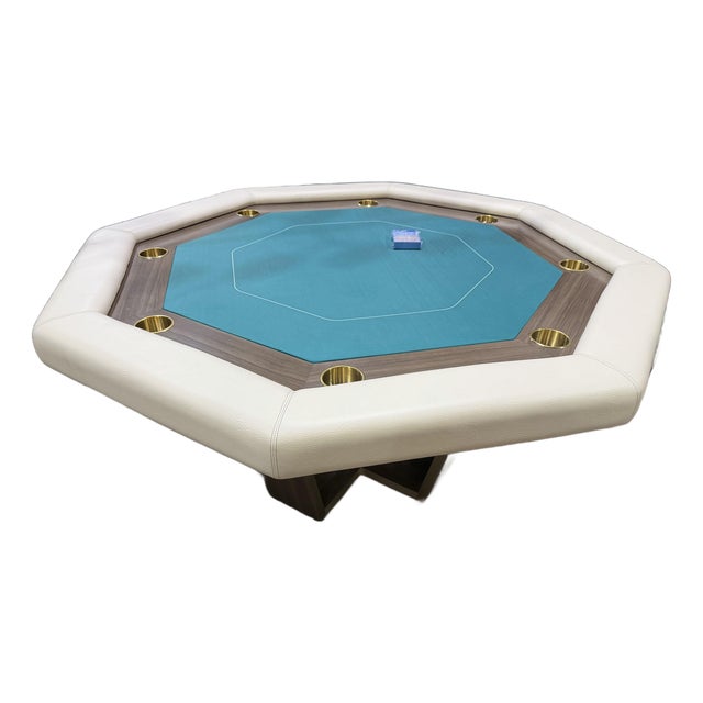 Custom Made Padded Leather Poker Table With Two Decks of Cards For Sale