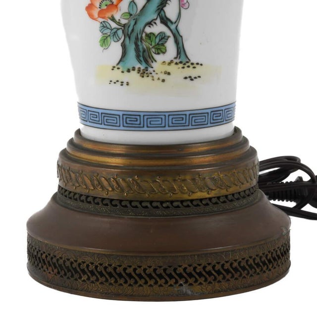 Porcelain Floral Table Lamp With Greek Key Motif and Hand‑Painted Design For Sale - Image 4 of 5