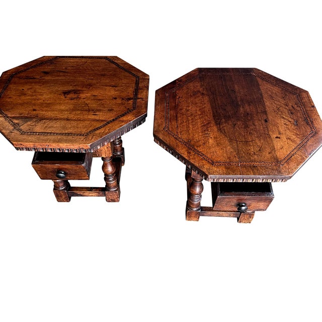 Pair Rustic Continental Baroque Style Octagonal Single-Drawer Side Tables For Sale - Image 4 of 13