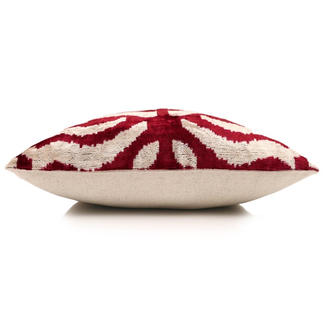 Hand-Knotted Silk Velvet Ikat Pillow - 16x16 Crimson & Champagne Heritage For Sale - Image 4 of 8
