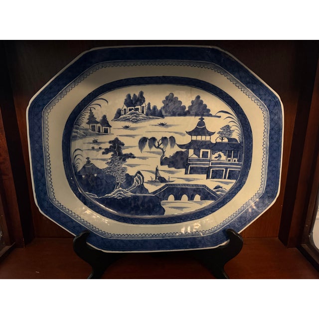 Ceramic Antique Chinese Canton Large Platter Export Porcelain Blue & White 17"x13” With Wood Display Stand For Sale - Image 7 of 12