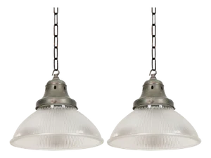 Pair of English Holophane Glass Industrial Factory Pendants