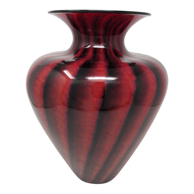 Large Red & Black Striped Glass Vase - Signed by Lisa Aronzon For Sale