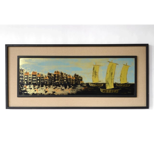 Mid Century Cityscape and Seascape Painting on Metal, Signed and Framed For Sale - Image 13 of 13