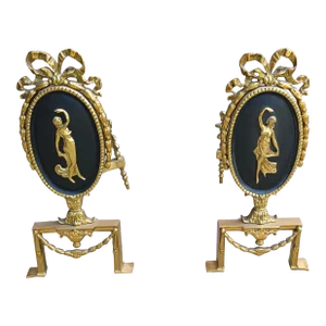 Pair of Louis XVI Style Figural Brass and Iron Ribbon Decorated Andirons