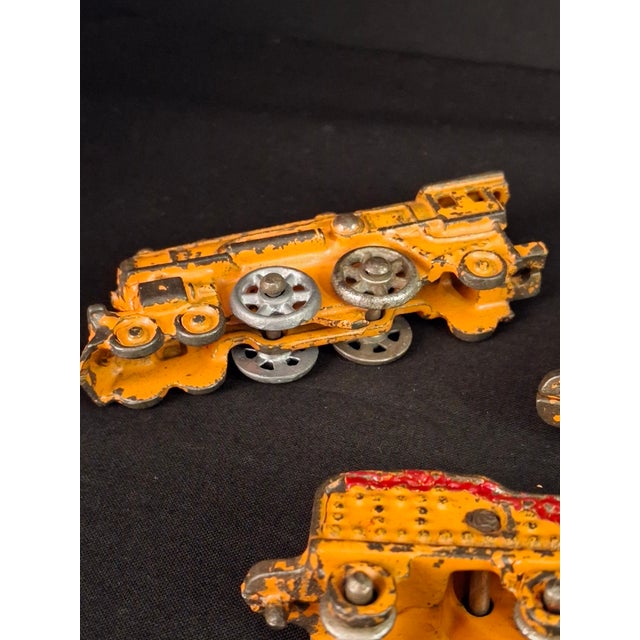 Antique Kilgore Cast Iron Train Set Orange Locomotive Coal Tender Passenger Car For Sale - Image 14 of 18