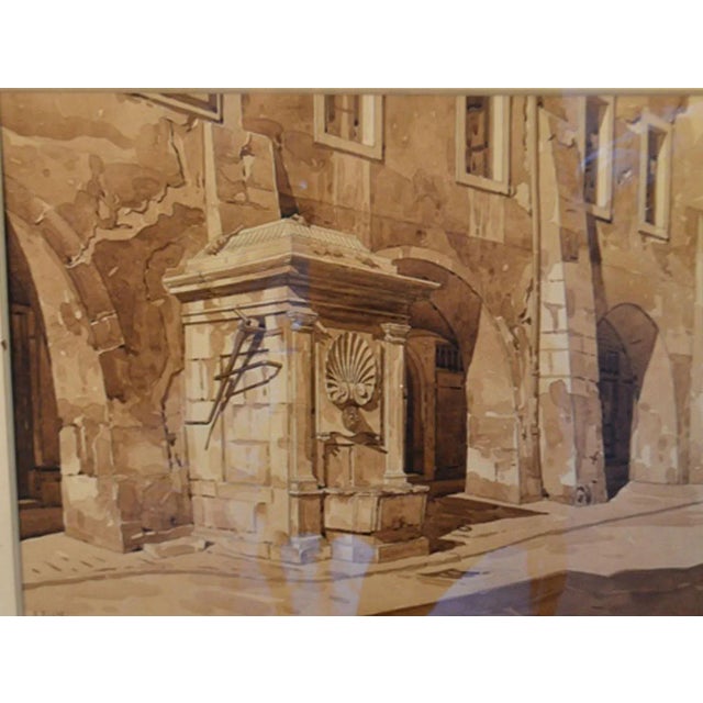 French Provincial Framed Watercolor Drawing of a Fountain For Sale - Image 3 of 5