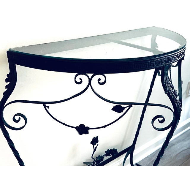 Antique C1920s Italian Wrought Iron Console Demilune Table With Glass Top For Sale In New York - Image 6 of 10