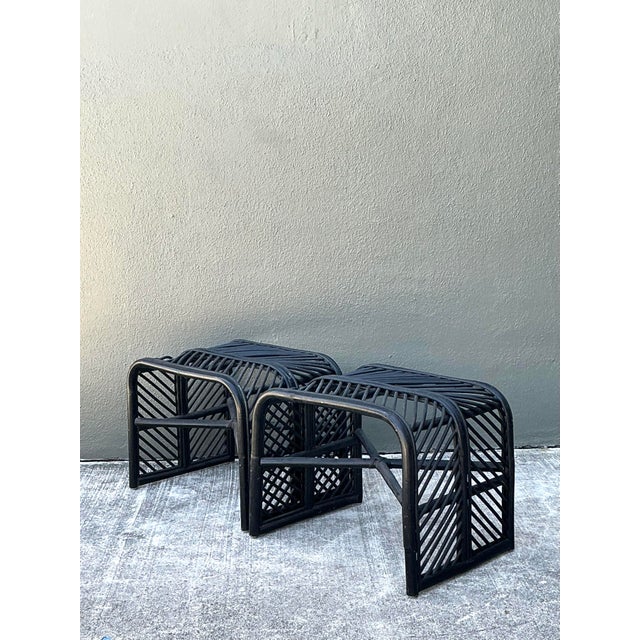 Vintage Stick Rattan Waterfall Low Stools - A Pair For Sale - Image 4 of 12