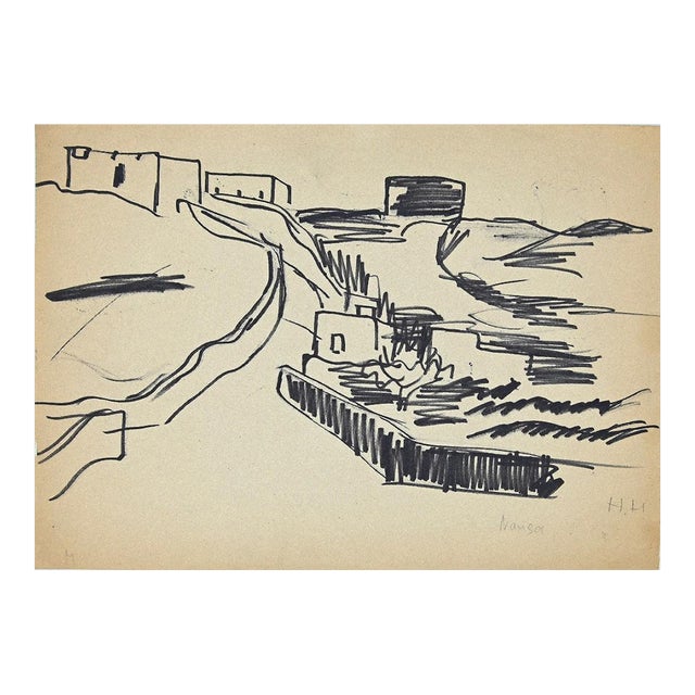 Unknown - Scenery - Original Black Marker Drawing - Mid-20th Century For Sale