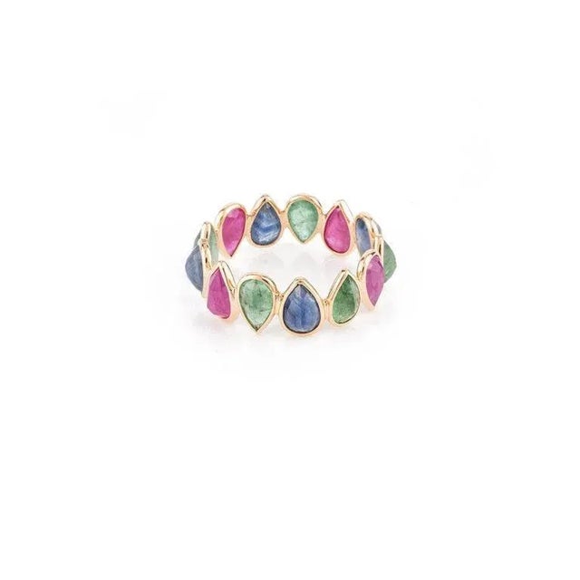 18 Karat Yellow Gold Emerald Ruby Sapphire Stackable Eternity Band Ring Size 4.5 For Sale - Image 4 of 7