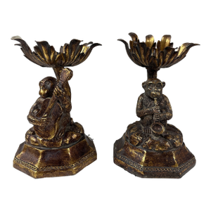 Vintage Gold-Toned Monkey Musician Candleholders – Pair