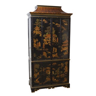 Drexel Black Chinoiserie Pagoda Top Armoire For Sale
