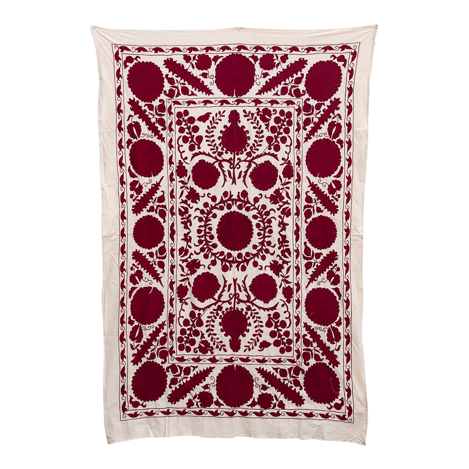 Deep Raspberry Red Hand-Embroidered Suzani Throw | Chairish