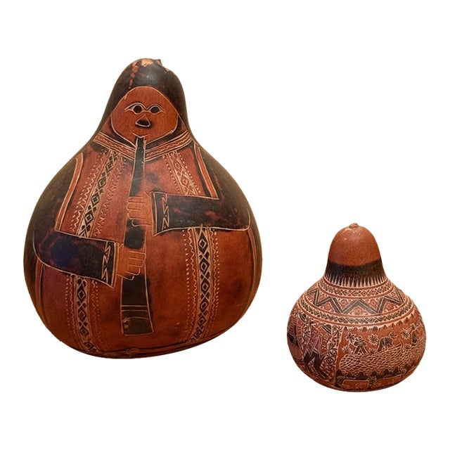 Large Vintage Peruvian Mate Burilado Hand-Carved Storytelling Gourd Rattles – Pair For Sale