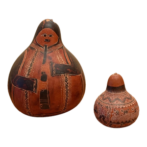 Large Vintage Peruvian Mate Burilado Hand-Carved Storytelling Gourd Rattles – Pair
