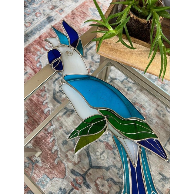 Art Nouveau 1980s Stained Glass Parrot Suncatcher on Stand For Sale - Image 3 of 8