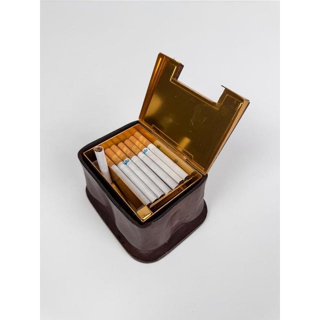 Vintage Italian Leather and Gilt Aluminum Cigarette Dispenser Box in the style of Jacques Adnet, 1950s For Sale - Image 9 of 18