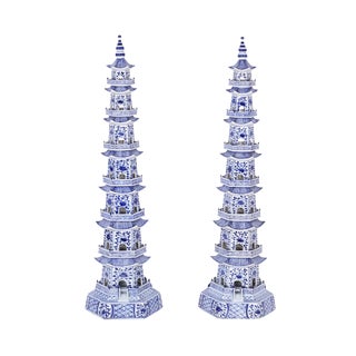 Chinese Blue and White Porcelain Pagodas - a Pair For Sale