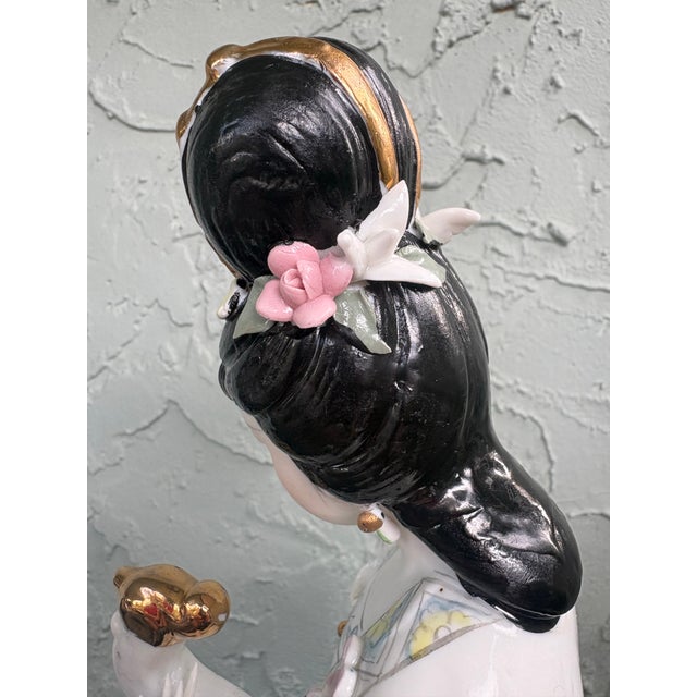 Ceramic Vintage Chinese Porcelain Court Lady Musician Figurine With Applied Flowers and Gilt Accents For Sale - Image 7 of 12