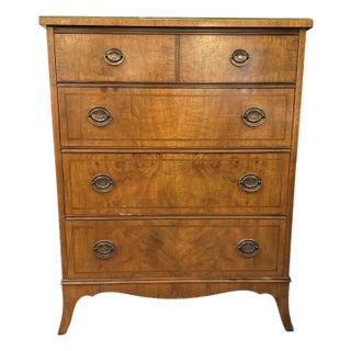 Vintage Johnson Furniture Co. Walnut Burlwood Four Drawer Dresser For Sale