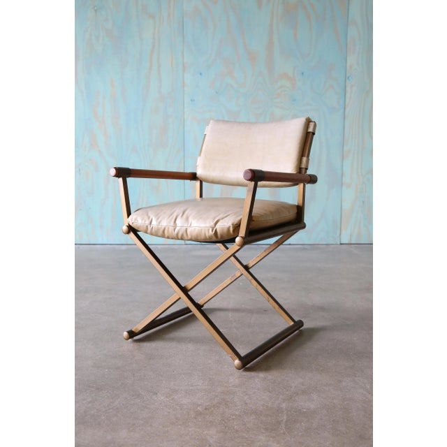 1970s Cal Style Director Chairs Oak Brass and Vinyl Set of 4 For Sale - Image 6 of 11