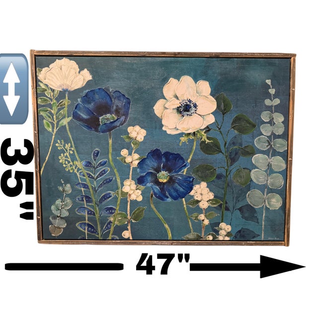 Teal Kathryn White Large Hand-Embellished Floral Giclée on Canvas, Framed, 47” X 35” For Sale - Image 8 of 11