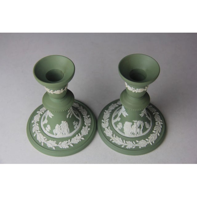 Wedgwood Vintage Wedgwood Green Jasperware White Cameo Candle Candlesticks-Set of 2 For Sale - Image 4 of 7