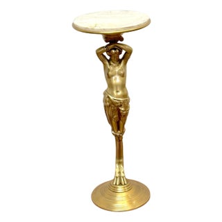 French Belle Époque Gilt Brass & Onyx Satyress Caryatid Pedestal, Circa 1900s For Sale