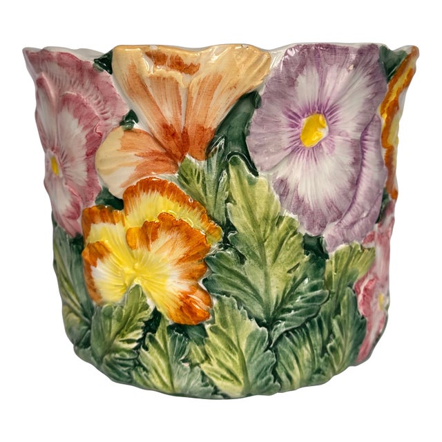 Vintage Italian Floral Majolica Style Cache Pot For Sale