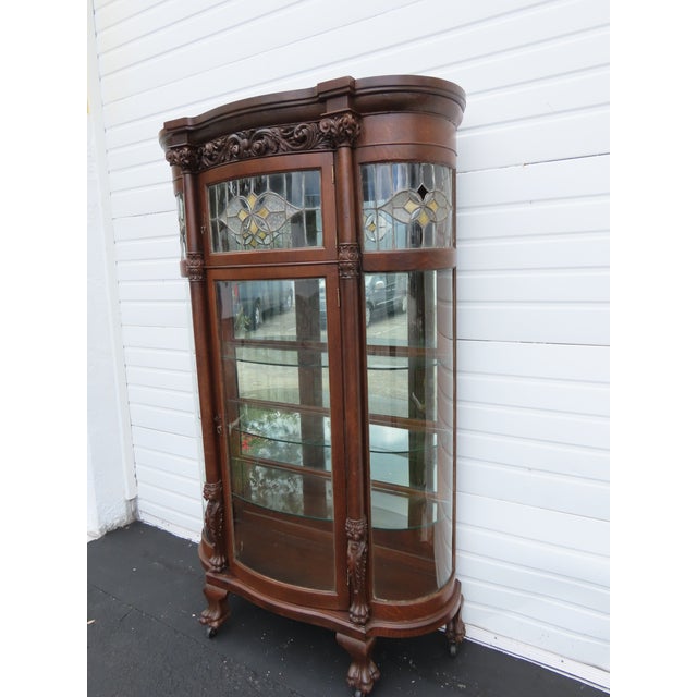 Traditional Late 1800s Large Tall Tiger Oak Leaded Stain Glass Curio Cabinet Cupboard 6573 For Sale - Image 3 of 18