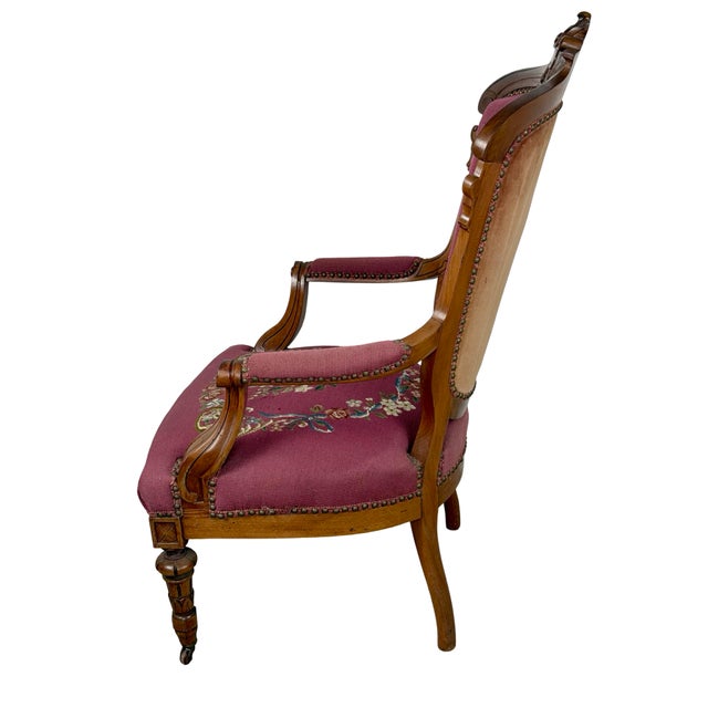 Traditional Vintage Renaissance Revival Carved Armchair With Burgundy Floral Upholstery For Sale - Image 3 of 18
