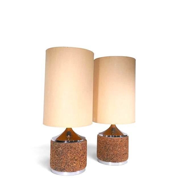 Mid-Century Modern Mid 20th Century Danish Modern Cork and Chrome Table Lamps With Original Shades - Pair For Sale - Image 3 of 14
