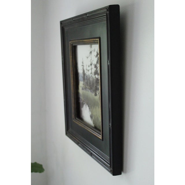 Contemporary Meeting Place by Mo Myra | Watercolor on Paper Landscape with Trees and Water Reflection For Sale - Image 3 of 4