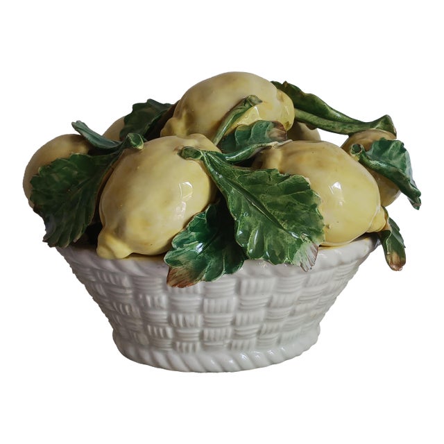 Vintage Majolica Italy Lemons in Woven Basket Centerpiece 1950's For Sale