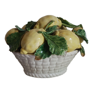 Vintage Majolica Italy Lemons in Woven Basket Centerpiece 1950's