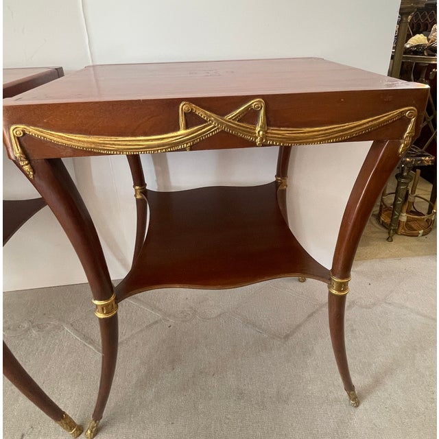 Hollywood Regency Pair of Klismos Leg Side Tables, Tooled Leather & Gilt Wood Swags For Sale - Image 3 of 12