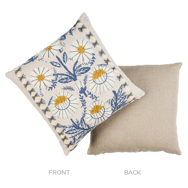 Contemporary Schumacher Marguerite Embroidery 20" Pillow in Blue & Ochre For Sale - Image 3 of 4