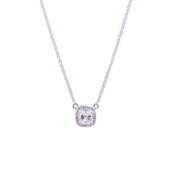 Classic Halo Pave Set Cushion Shape Cut Diamond Dainty Chain 18 Karat White Gold Pendant Necklace * 18 Karat White Gold *...