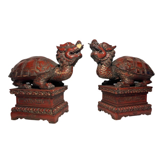 Pair of Late 19th Century Hand Carved Wood Antique Chinese Longgui Dragons Aka Dragon Turtles For Sale
