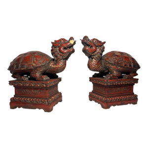 Pair of Late 19th Century Hand Carved Wood Antique Chinese Longgui Dragons Aka Dragon Turtles