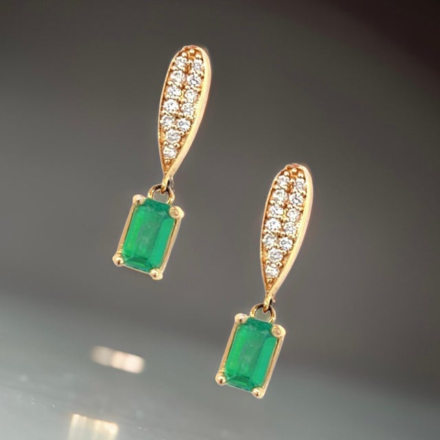 Natural Emerald Diamond Earrings 14k Yellow Gold 1.09 TCW Certified For Sale - Image 10 of 13