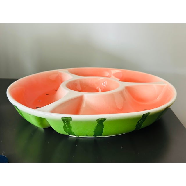 Vintage Watermelon Ceramic Chip & Dip Serving Platter – Hand-Painted Divided Summer Entertaining Tray, Fruit-Themed...
