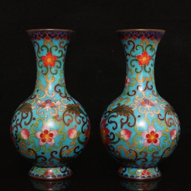 Traditional Late 19th Century Pair of Turquoise Cloisonné Enamel Lotus Vases For Sale - Image 3 of 9
